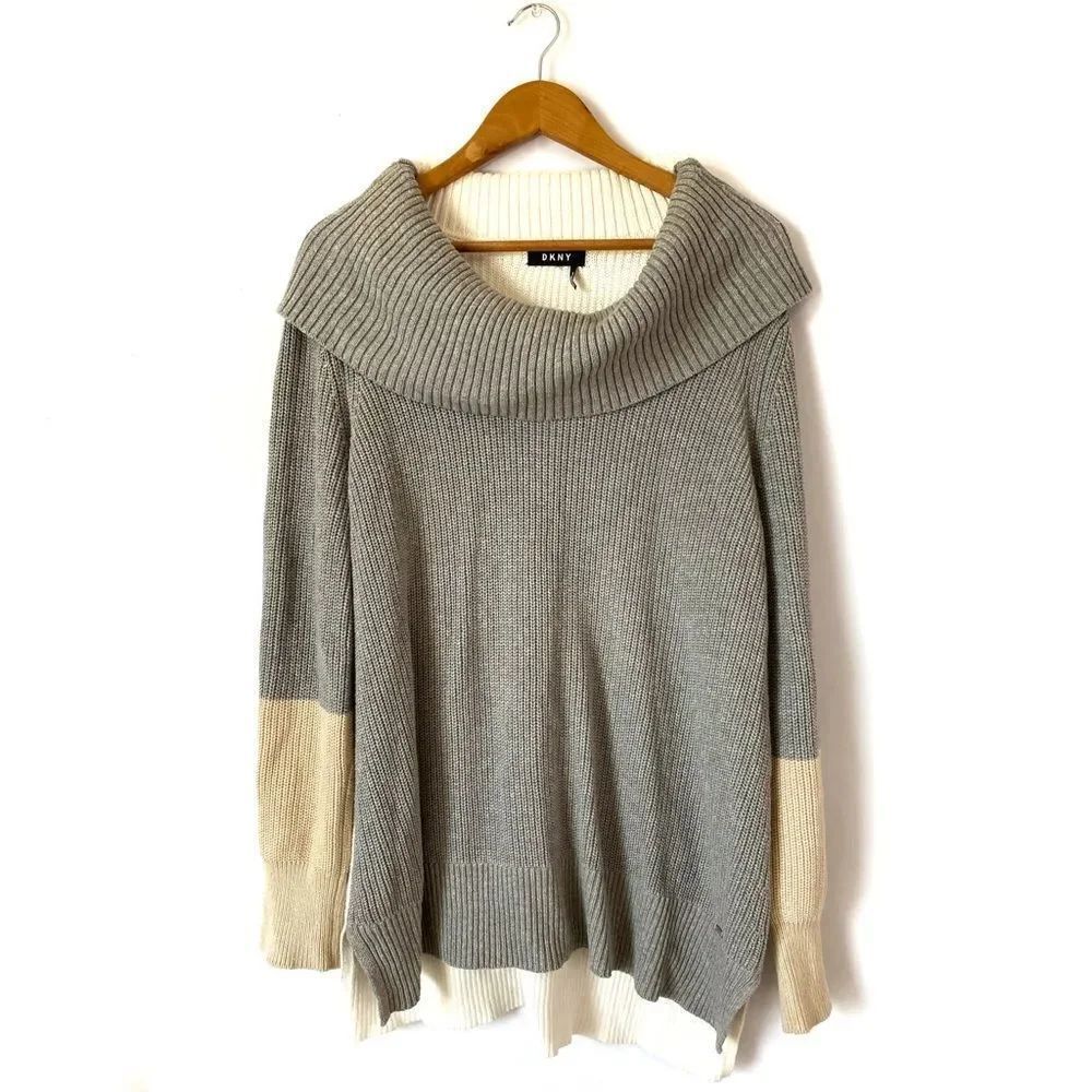 DKNY Cowl Neck Cozy Long Gray Ivory Color-block Sweater